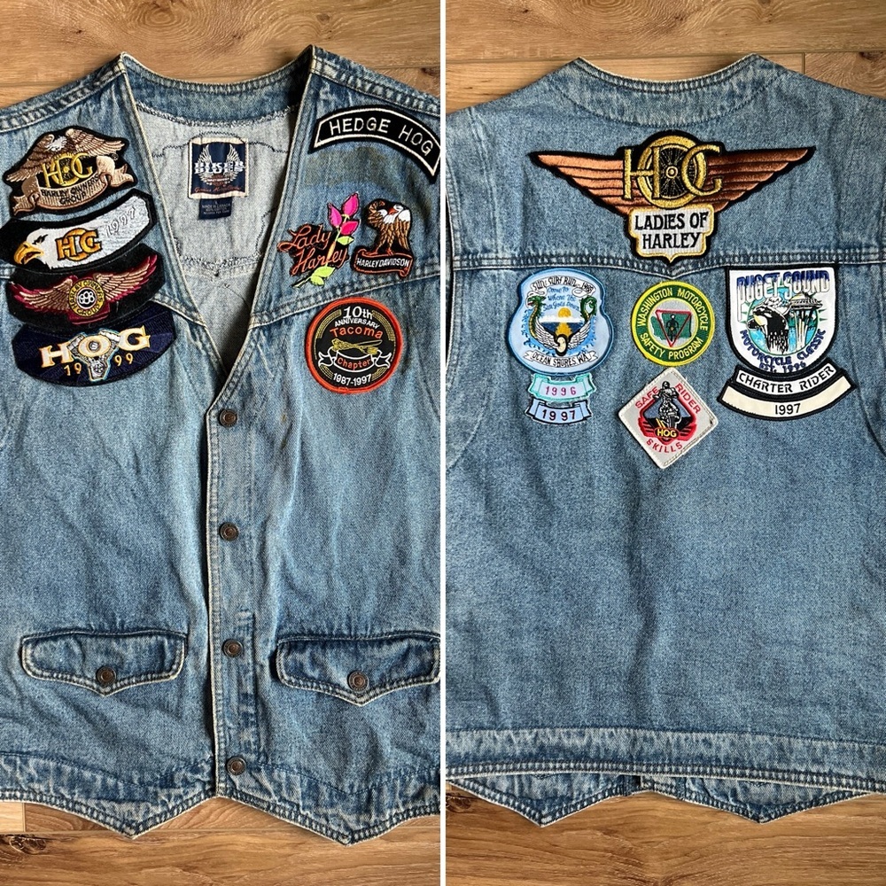 VTG Harley-Davidson Ladies of Harley 1990s Denim Vest Blue Jean Patchwork Large - Picture 1 of 15